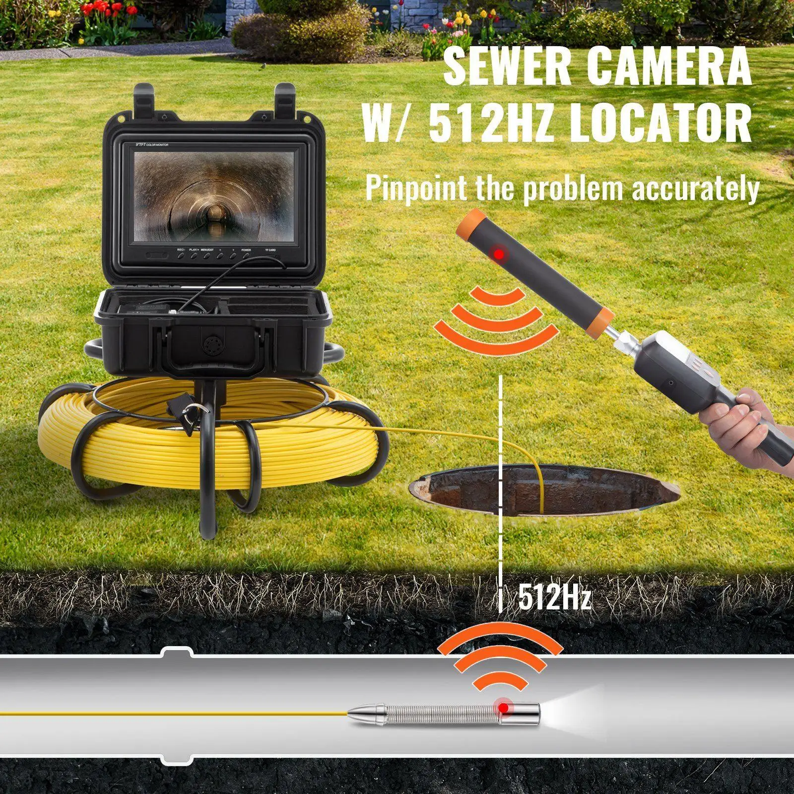High-Def 720p Sewer Camera System 300ft 9in Screen 1MP Sensor 512Hz Locator IP68 12-LED Adjustable Pipe Inspector Kit
