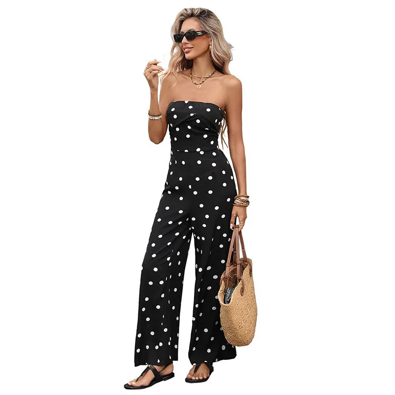 

Women's Jumpsuit Printed Sleeveless Wide Leg High Waist Romper Polka Dot Strapless Long Jumpsuit Maxi Flowing Black And White