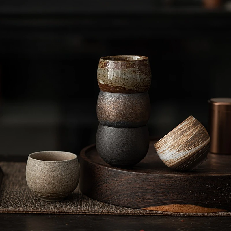 1pc Japanese Style Handmade Stoneware Tea Cup Kung Fu Tea Set Tea Cup Small Single Cup Ancient Style Quiet Road Cup Bowl Teacup