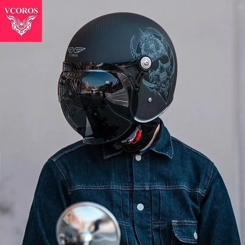 VCOROS Commuter Carbon Fiber Retro Motorcycle Helmets Half Open Face Helmets Fiberglass Cascos Paras Motos DOT Certification