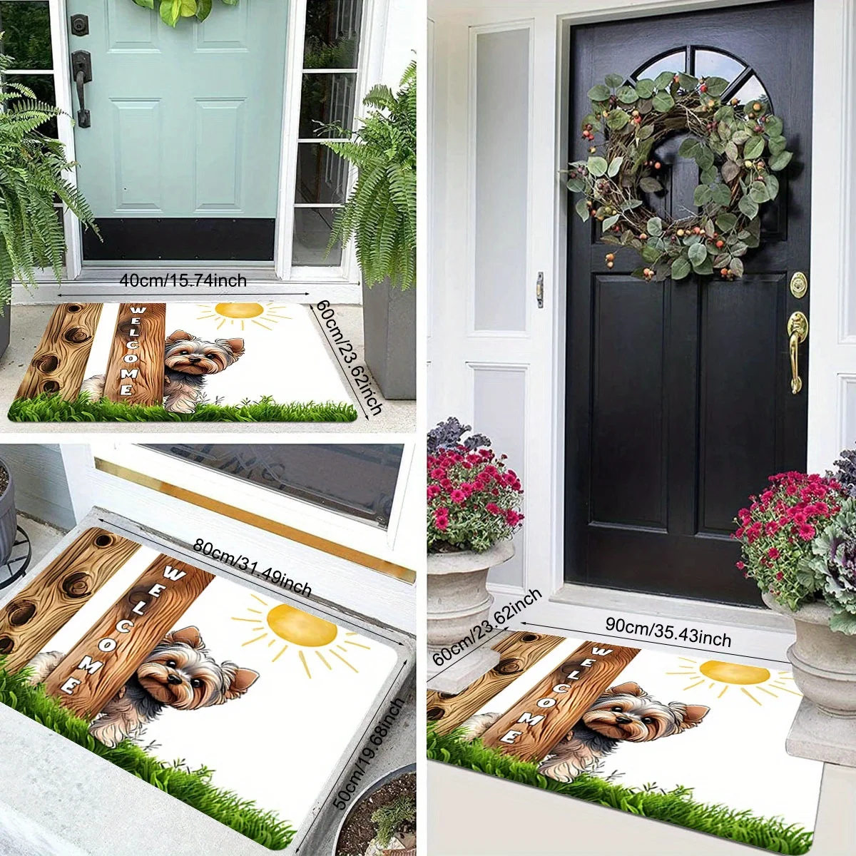 Cute Yorkshire Terrier Doormat Welcome Wood Fence Design Non Slip Indoor Outdoor Floor Mat for Front Door Entryway Home Decor