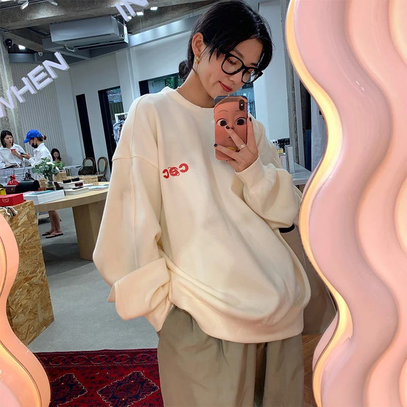 

Loose Women's Hoodie Fashionable Korean Style Streetwear Couple's Outfit Cotton Polyester Long Sleeve round Neck Print Design