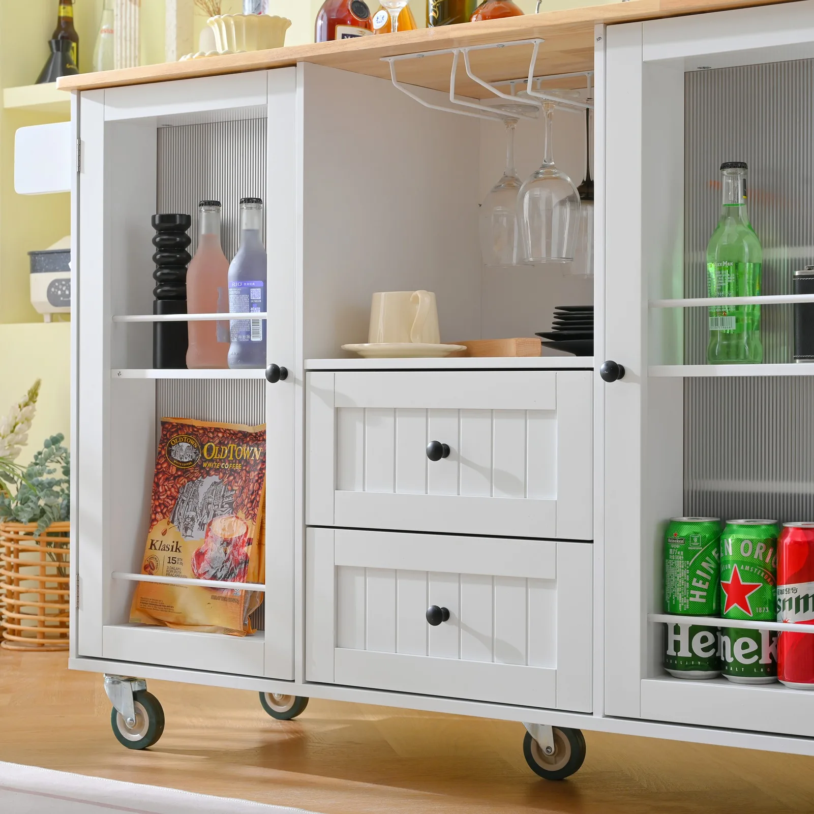 Kitchen Island Cart Rolling On Wheels with 13 Storage Areas Drop Leaf Bar Countertop Side Open Condiment Rack Tower Rack Extra