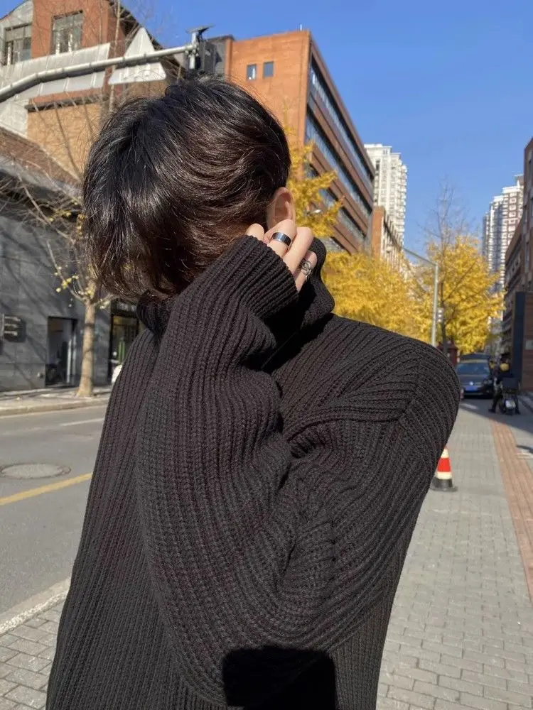 Black turtleneck sweater for men in winter Japanese style lazy retro loose sweater  new hot style handsome jacket y2k ins emo