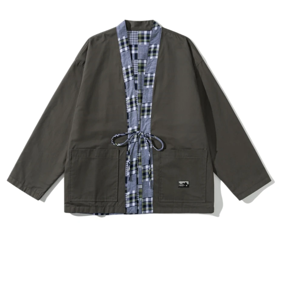 Vintage Patchwork Cargo Jackets Mens Japan Style Double-faced Cardigan Kimono Harajuku Loose Casual Cotton Plaid Coats Male