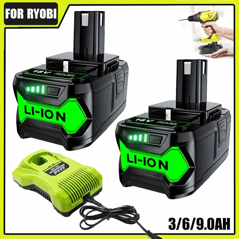 For Ryobi  18V Li-ion Battery 3.0AH/6.0AH/9.0AH 18V Replacement Battery P108 P102 P103 P107 18VTool battery/battery charger