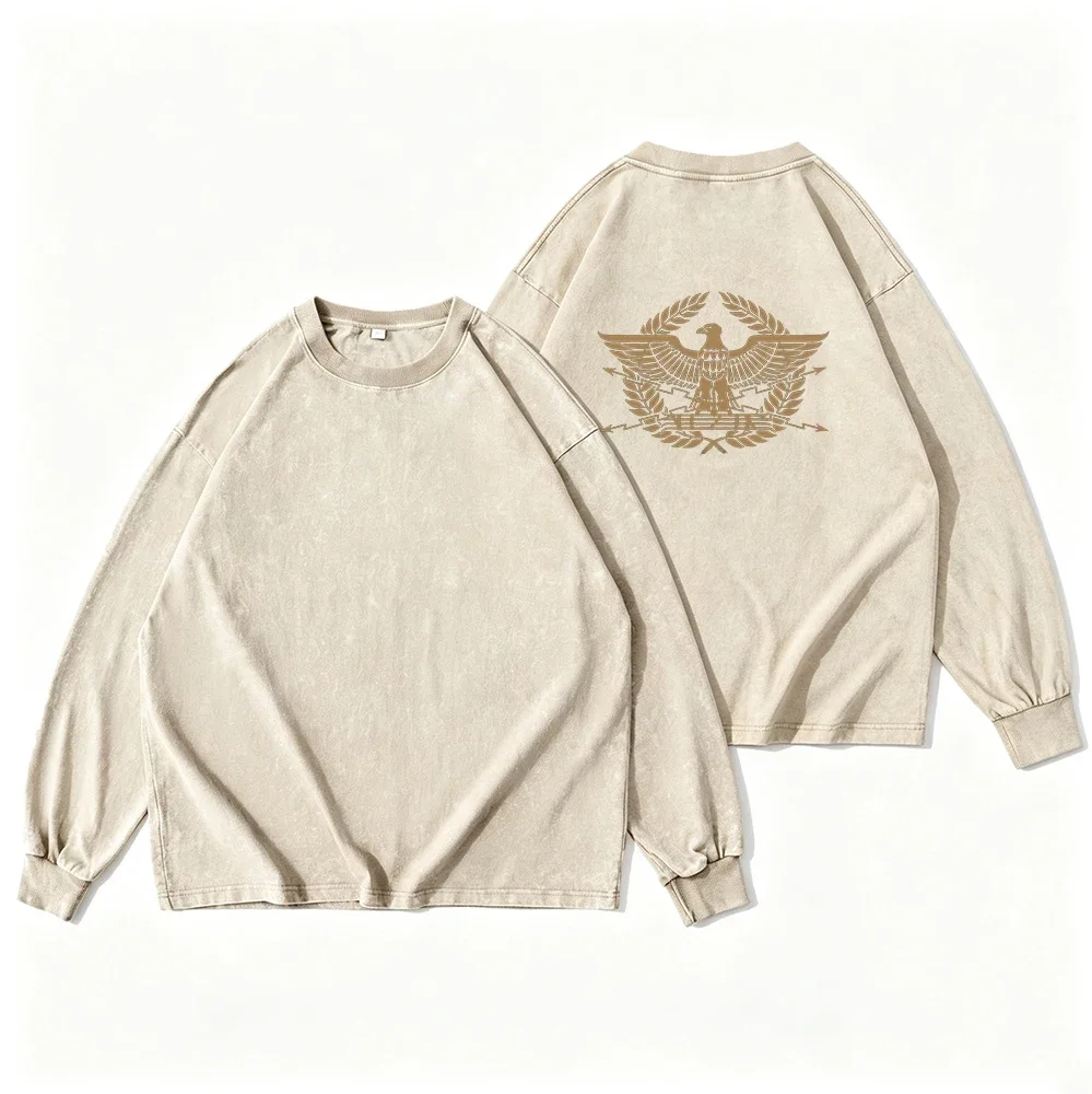 230g Heavyweight Washed Long Sleeve Tee Men Women Retro Golden Eagle Emblem Print Crew Neck Casual Street Top