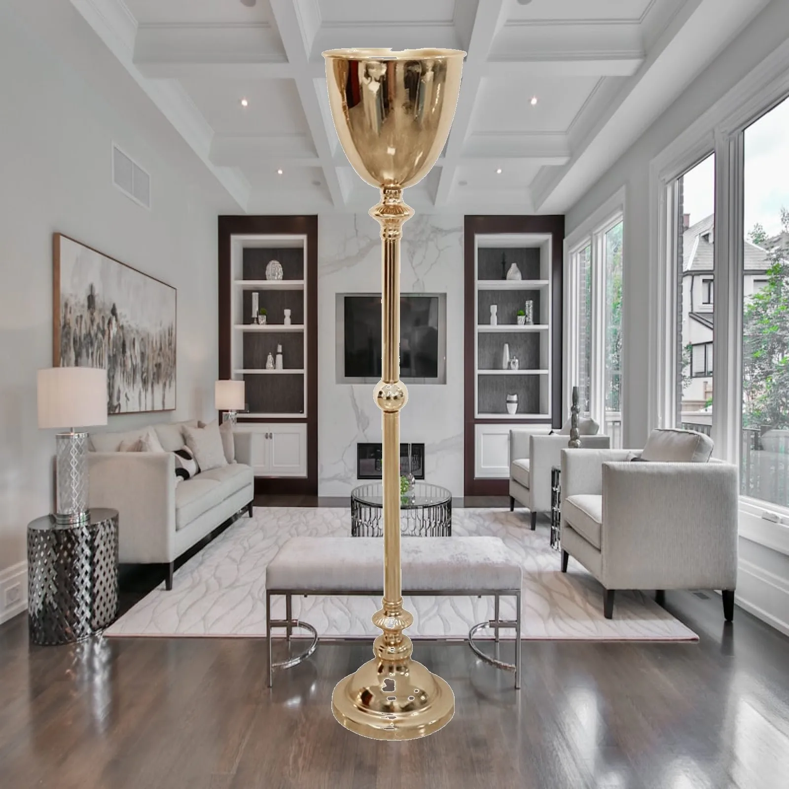 Flower Holder Gold-Toned Decorative Flower Vessel Floral Container Electroplated for Event Decorators, Weddings, Hotel Interiors