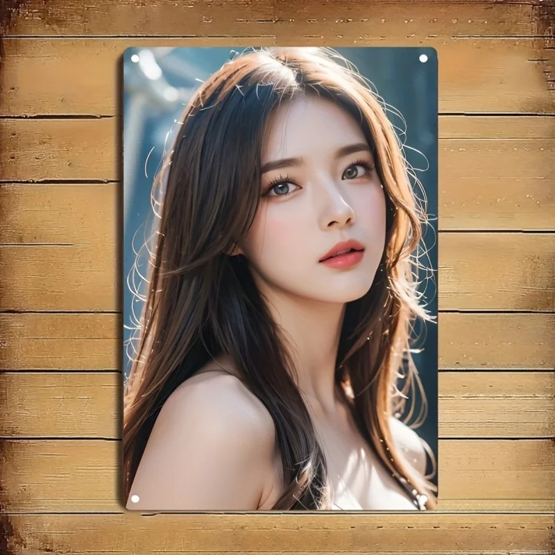 HD Metal Tin Sign, Beautiful Asian Girl Sunlight Portrait Retro Vintage Wall Decor for Home Bar Pub Man Cave
