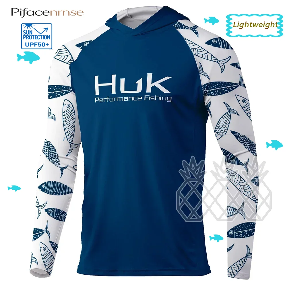 HUK Men Long Sleeve Fishing Shirts Hoodie UV Protection Quick Drying Performance Fishing Shirts Breathable Sports Fishing Jersey
