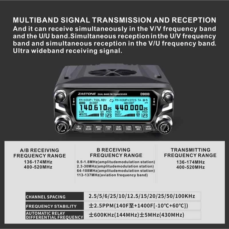 Zastone D9000 Mobil Walkie Talkie Radio Stasiun 50W UHF/VHF 136-174/400-520M Hz Dua Arah radio Ham HF Transceiver