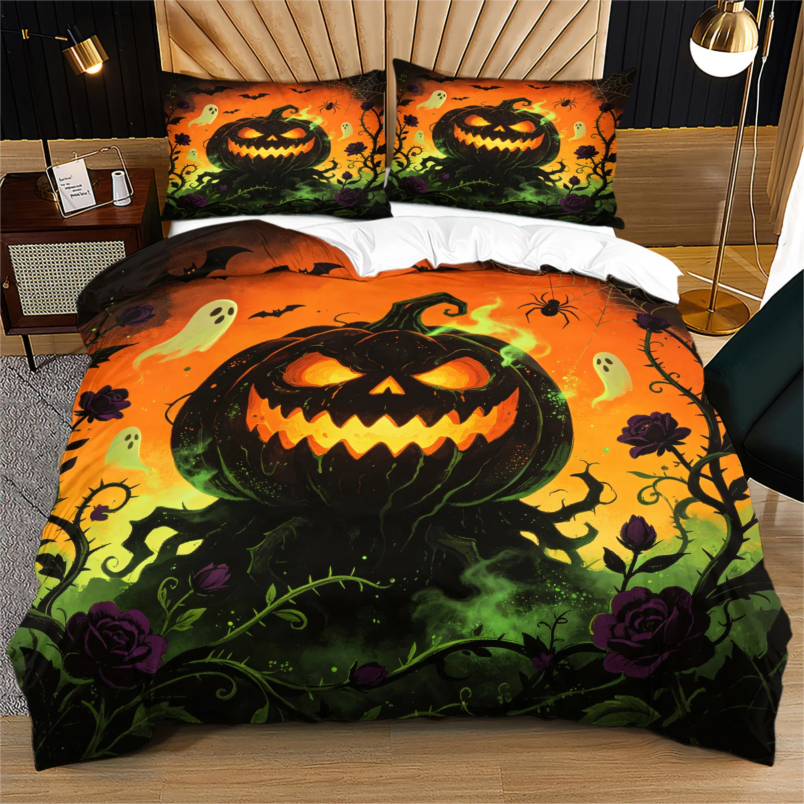 Orange Green Horror Jack‑O'‑Lantern Duvet Cover Set Creepy Ghost Dark Rose Printed Halloween Bedding Holiday Decor Quilt Cover