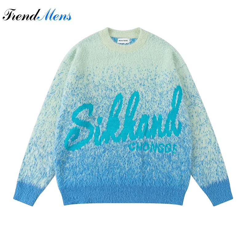 American Men's Vintage Letter Jacquard Knit Gradient Fleece Warm Comfortable Sweater Academy Style Loose Relaxed Couple Pullover