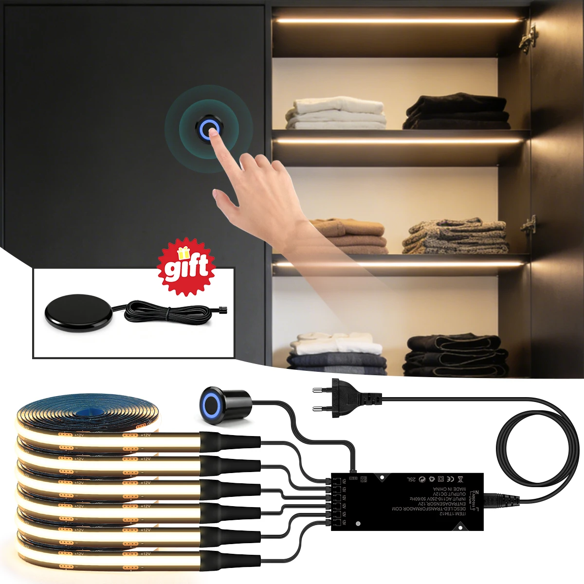 Embedded Touch Sensor Dimmable Swtich Black LED Light For Acoustic Wood Slat TV Background Wall Panel Decor,Gift 1 Controller