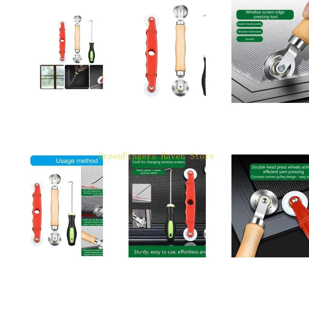 F68D Heavy Duty Spline Installation 3 Tool With Rubber Strips Hook And Ergonomic Wooden Handle For Insect Screen Maintenance