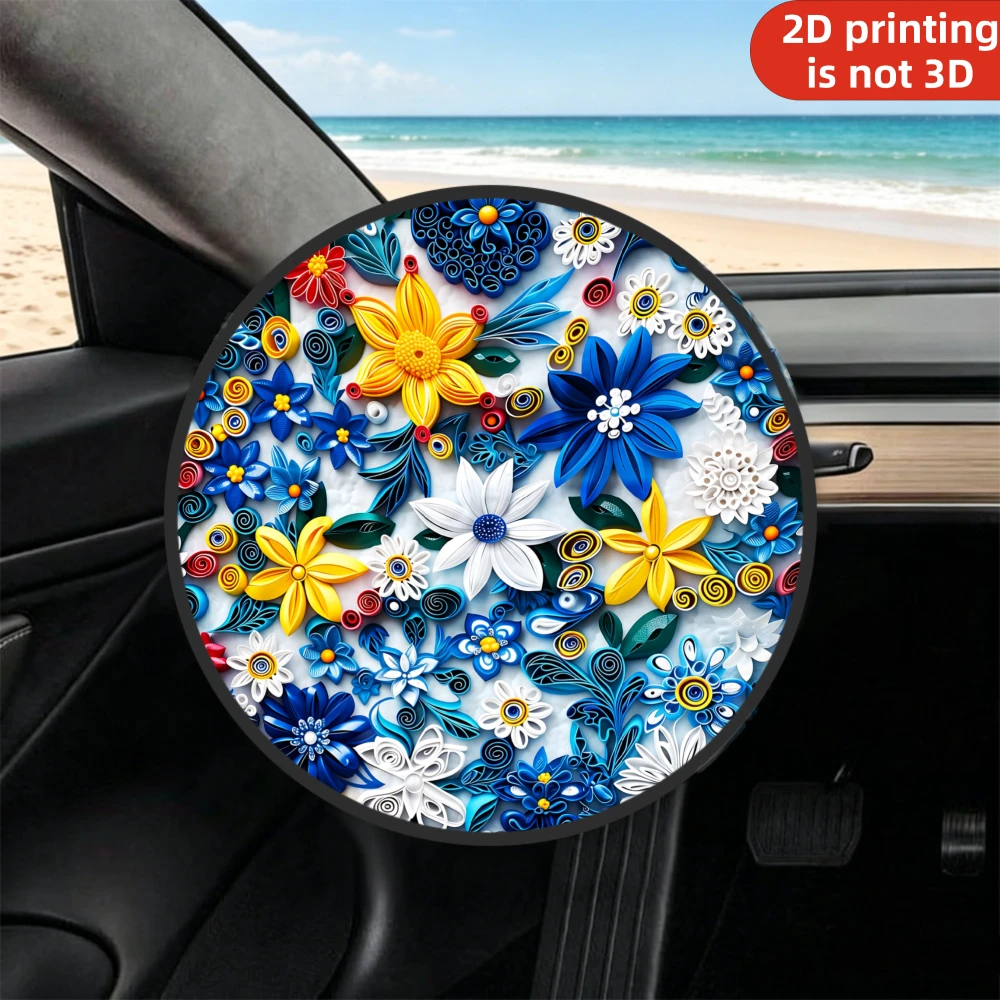 1pc Sunshade Steering Wheel Cover, 2D Flat Printing Colorful Floral Quilling Design With Blue Yellow White Flowers, Sunshade