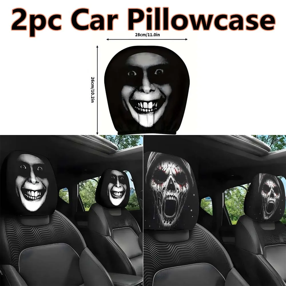 

2pc Halloween Face Printed Car Pillowcase Soft Comfortable Decorative Washable Polyester Fabric Cushion Cover Auto Seat Headrest