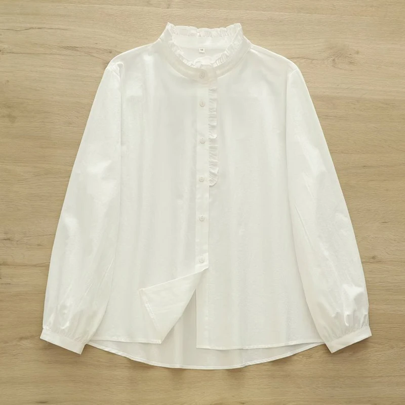 

New Spring Autumn Embroidered Stand-up Collar Lace Tops Women Clothing Loose Long-sleeved White Cotton Shirt And Blouse U009