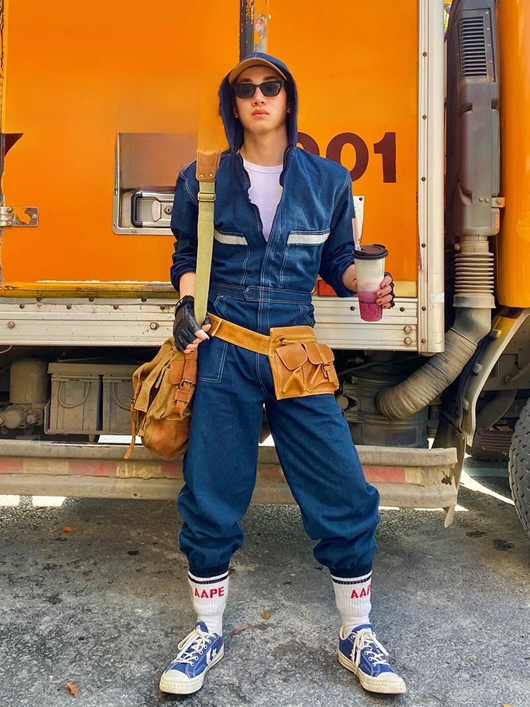 

American Streetwear Vintage Loose Fitting Waist Cinched Slimming Denim Overall Pants Hooded Workwear Fashion Set for Young Men