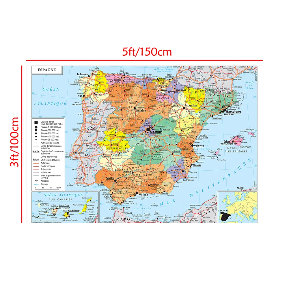 The Spain Transportation Map In French Wall Art Poster Non-woven Canvas Painting For School Home 150*100cm Decorative Picture