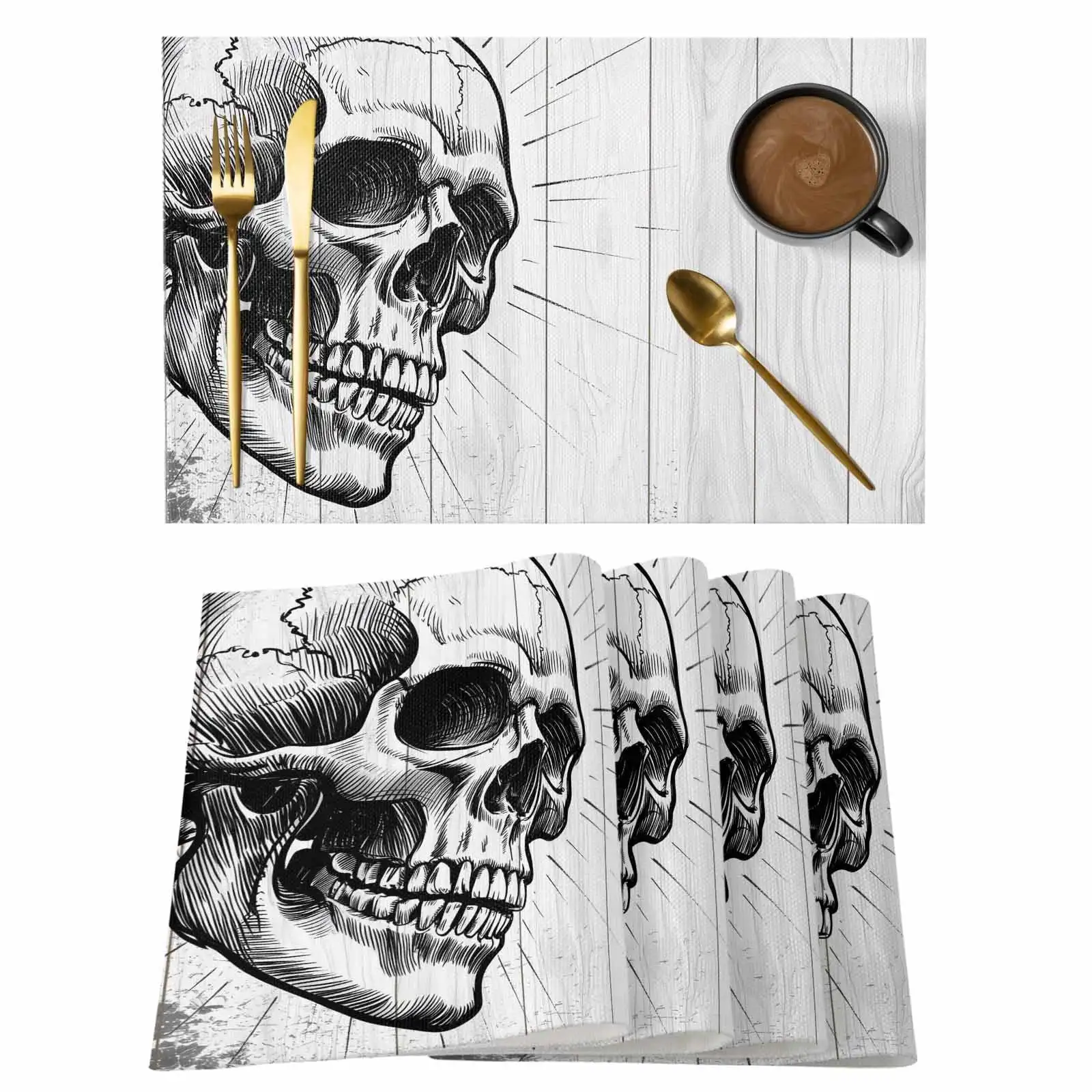 Horror Skull Placemats Set of 4, Black Skeleton Spooky Halloween Placemats for Dining Table, Place Mats for Kitchen Tabletop