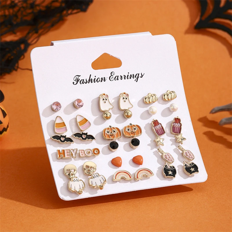 18 Pair Halloween Combination Earrings Set for Women Ghost Pumpkin Bat Skull Star Pearl Rhinestone Earring Party Jewelry Gifts