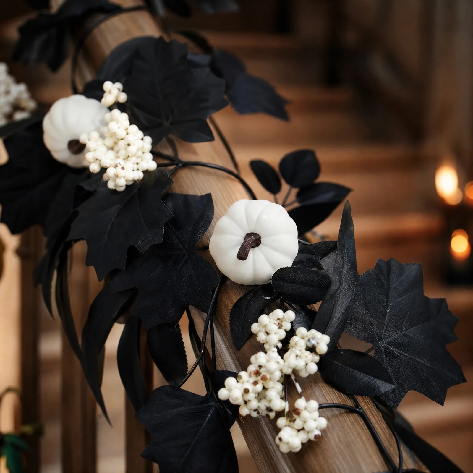 Artificial Halloween Garland with Black Maple Leaves and White Pumpkins Dark Faux Fall Decor for Fireplace Mantel Stairs Wall
