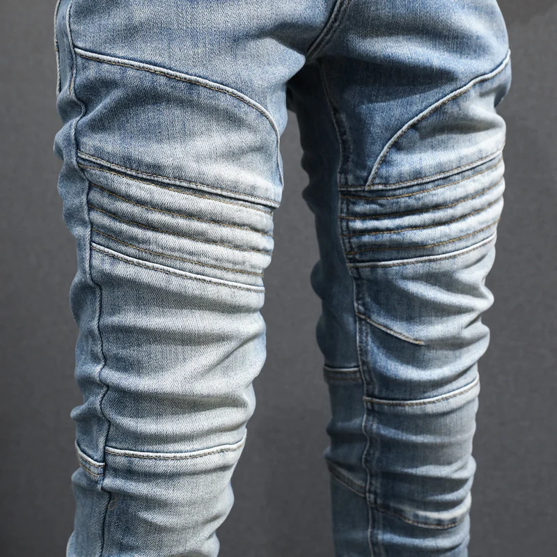 

Street Fashion Men's Jeans Water Washed Elastic Slimming Zipper Decoration Retro Blue Splicing Jeans Men's Designer Hip Hop Y2K