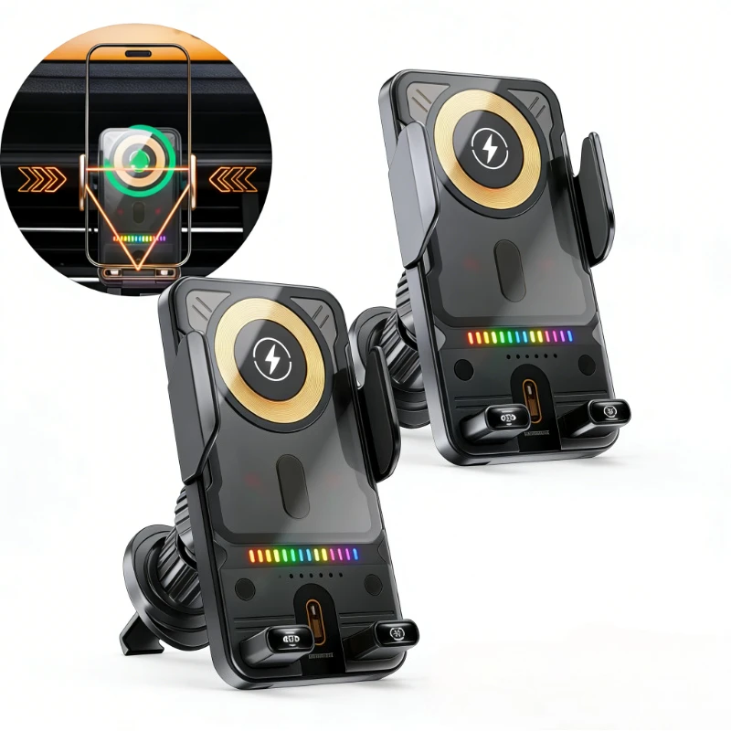 

Car Electric Rotating Phone Holder Dual Coil Wireless Charger Air Vent Cell Stand For iPhone 17 16 15 14 13 12 Pro Max X Samsung
