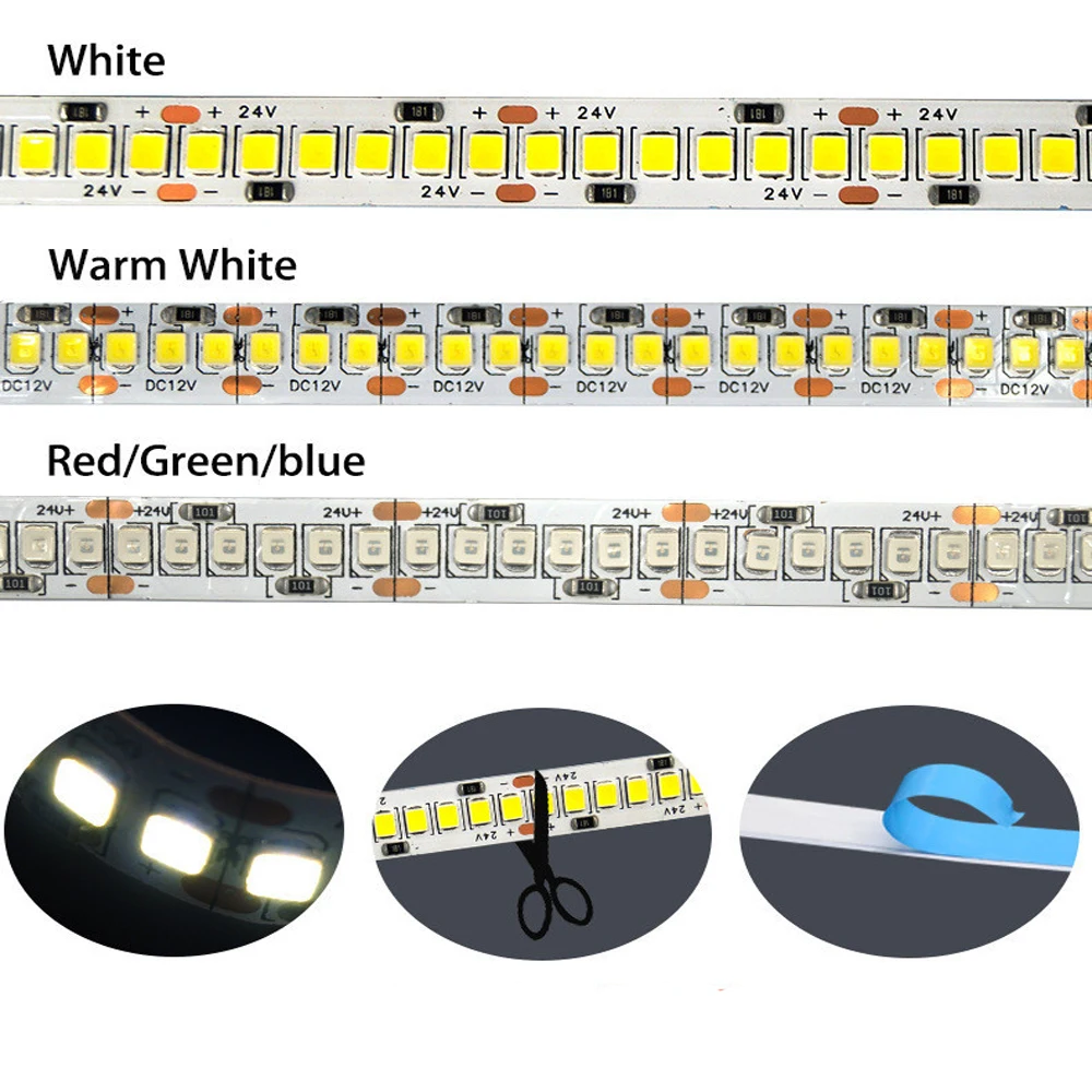 12V 24V 2835 LED Strip Light Waterproof 5m Tape Ribbon Ledstrip 60/120180//240/480 LED/m White Warm White For Room Home Decor