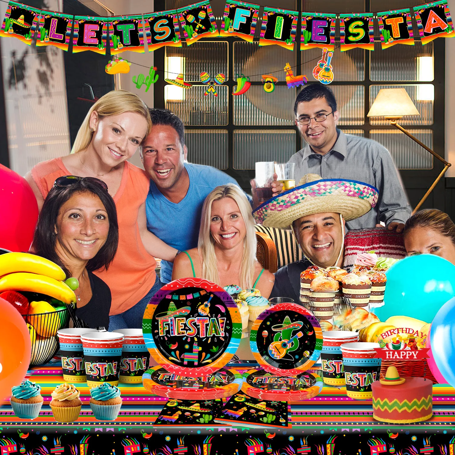 Mexican Themed Fiesta Party Supplies,90pcs Paper Tableware Set Includes Mexican Fiesta Plates Cups Napkins etc for 20 Guests