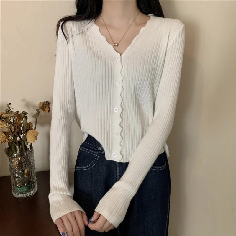 Women Wave V-Neck Button-Front Knit Cardigan Spring Autumn Long Sleeve Sweater Top Korean Style Fashion Slim Fit Black Pink Top