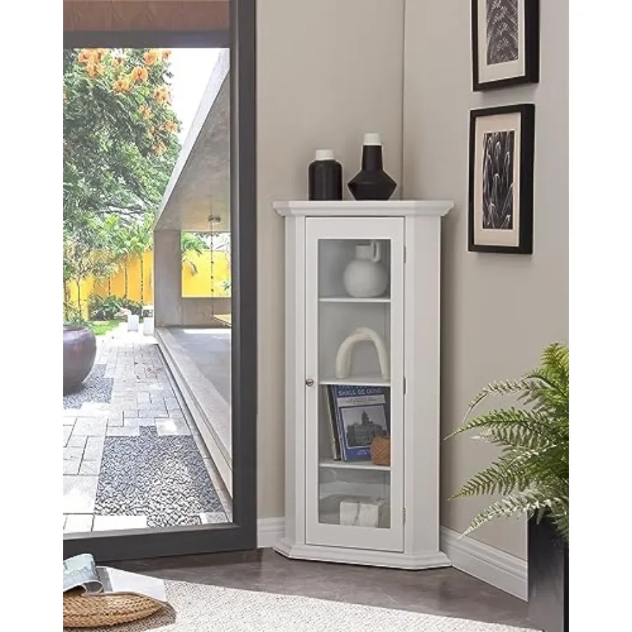 Corner Accent Display Wood Curio Cabinet for living room, solid wood, natural oak finish, adjustable shelves and glass doors