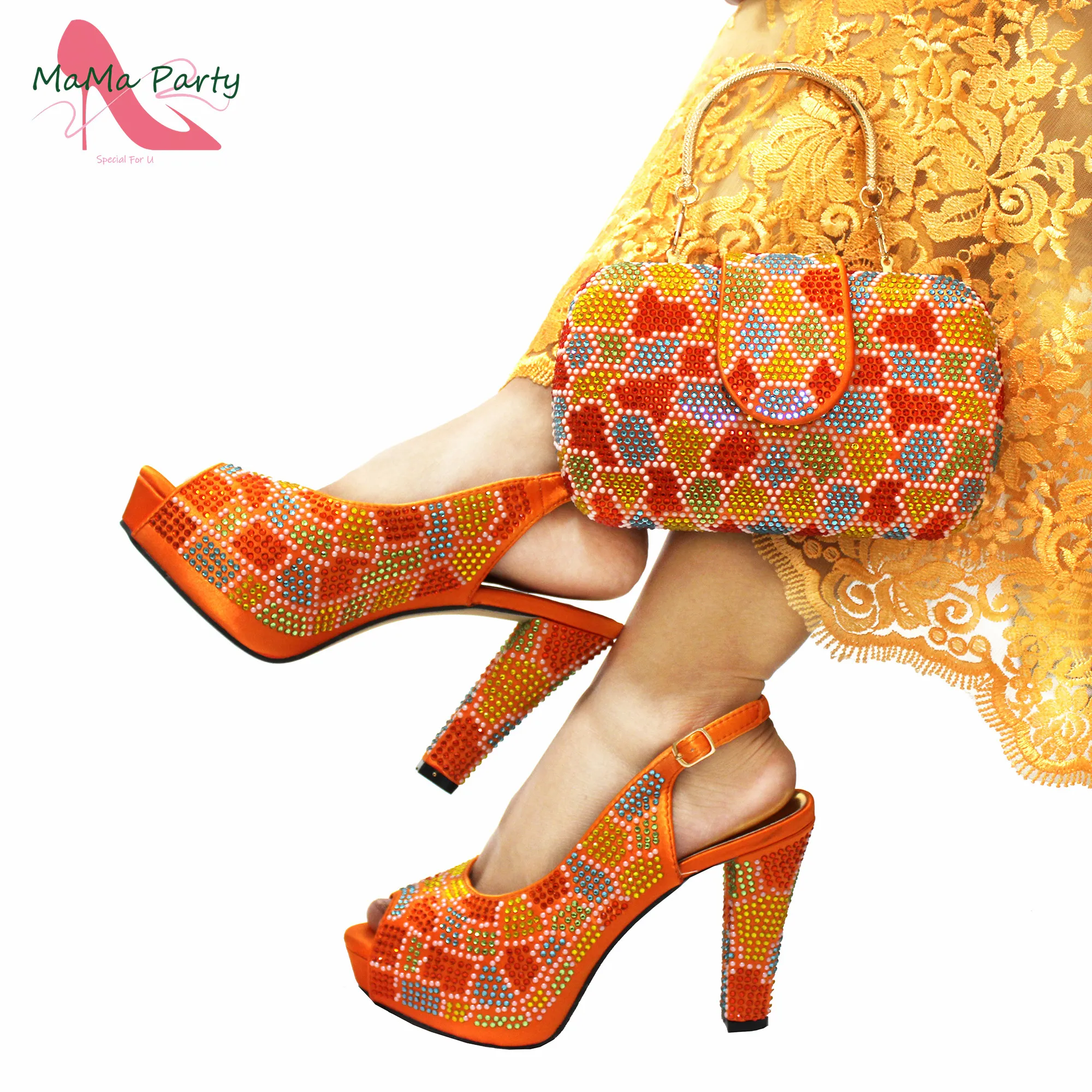 

2023 Italian Design Novelty Style Nigerian Women Shoes and Bag Set in Orange Color High Quality Sandals for Dress