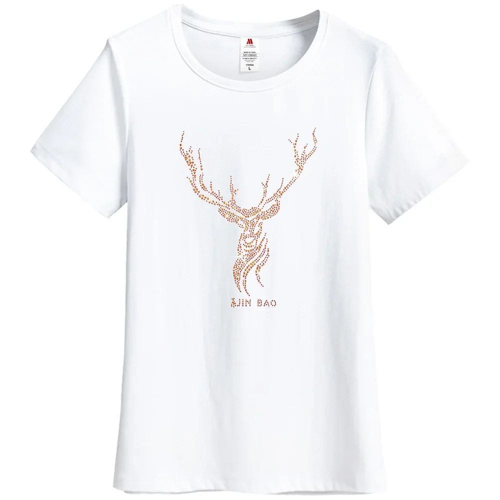 2024 Summer Cotton Deer Diamond Print T shirts Women Slim Fit Tops Blue Short Sleeve T-shirt Ladies Vibrant Tees O Neck  S-5XL