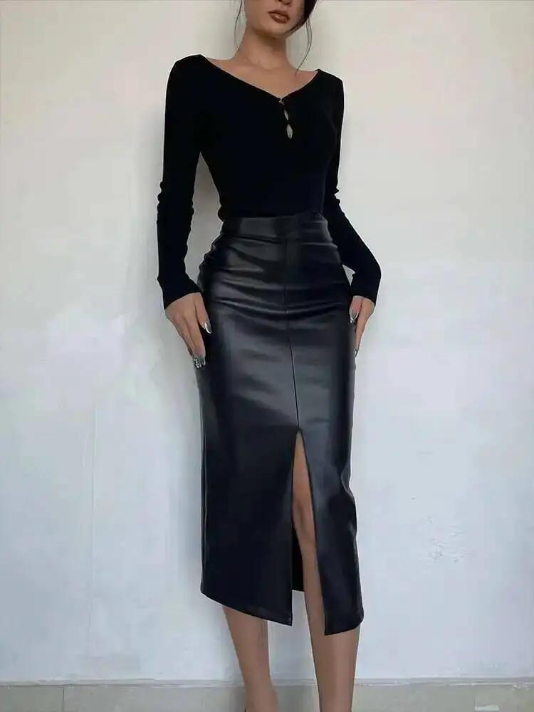 Media falda Sexy de cuero PU con abertura de un solo paso para mujer, nueva ropa informal ajustada de cintura alta, minivestido negro de PU a la moda para mujer YTM8