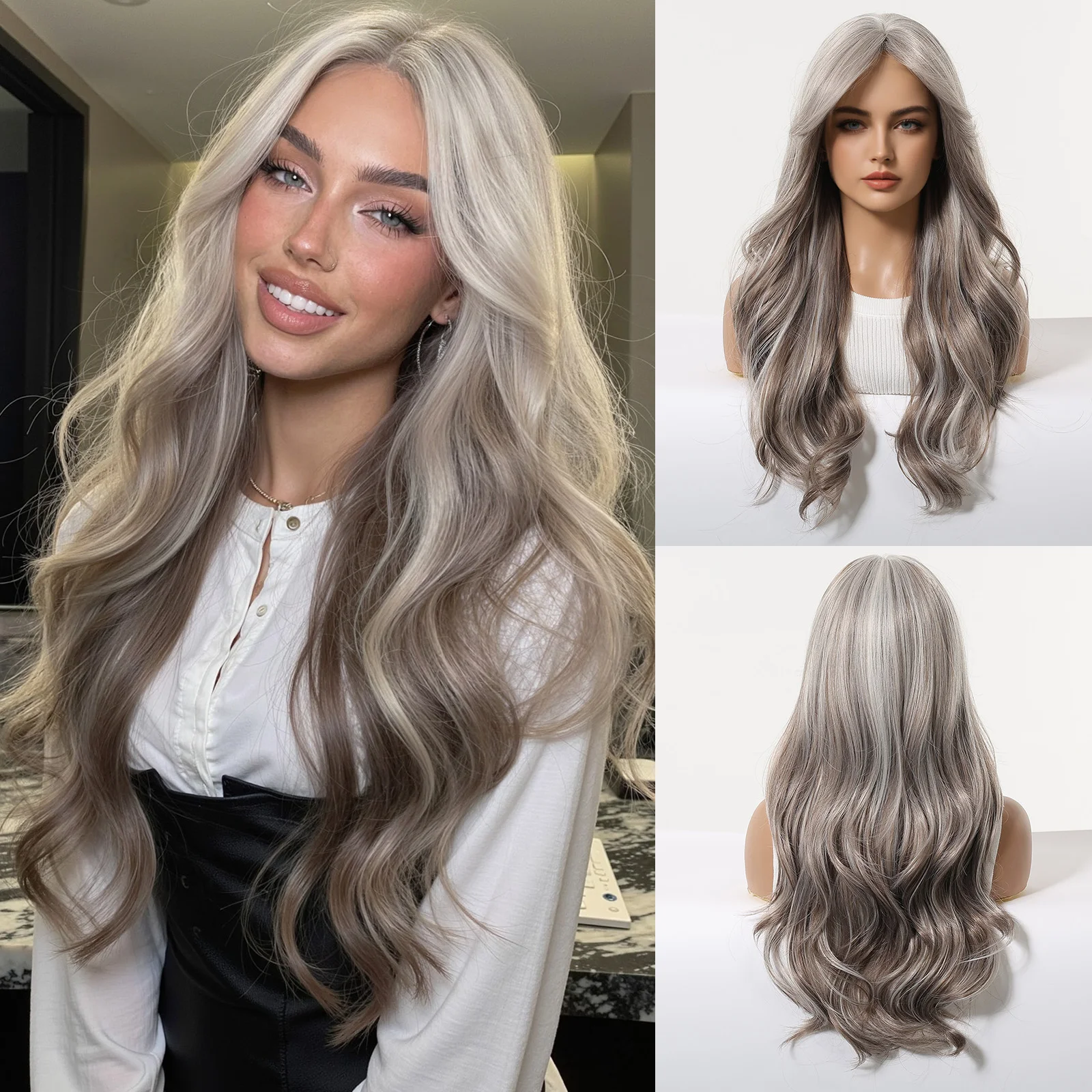 LOUIS FERRE Silver Gray Ombre Wavy Wig for Women Long Curly Synthetic Hair Wig Natural Heat Resistant Fiber Cosplay Party Wig