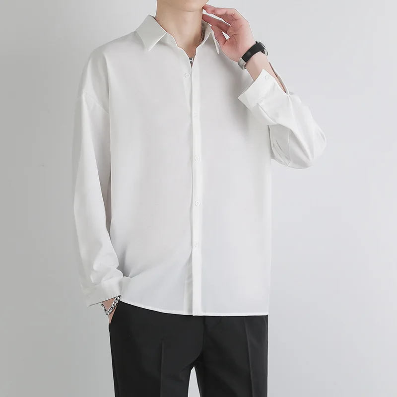 Summer New Leisure Men\'s Long-Sleeved Shirt Loose Large Solid-Colored Shirt Drape Lapel Shirt