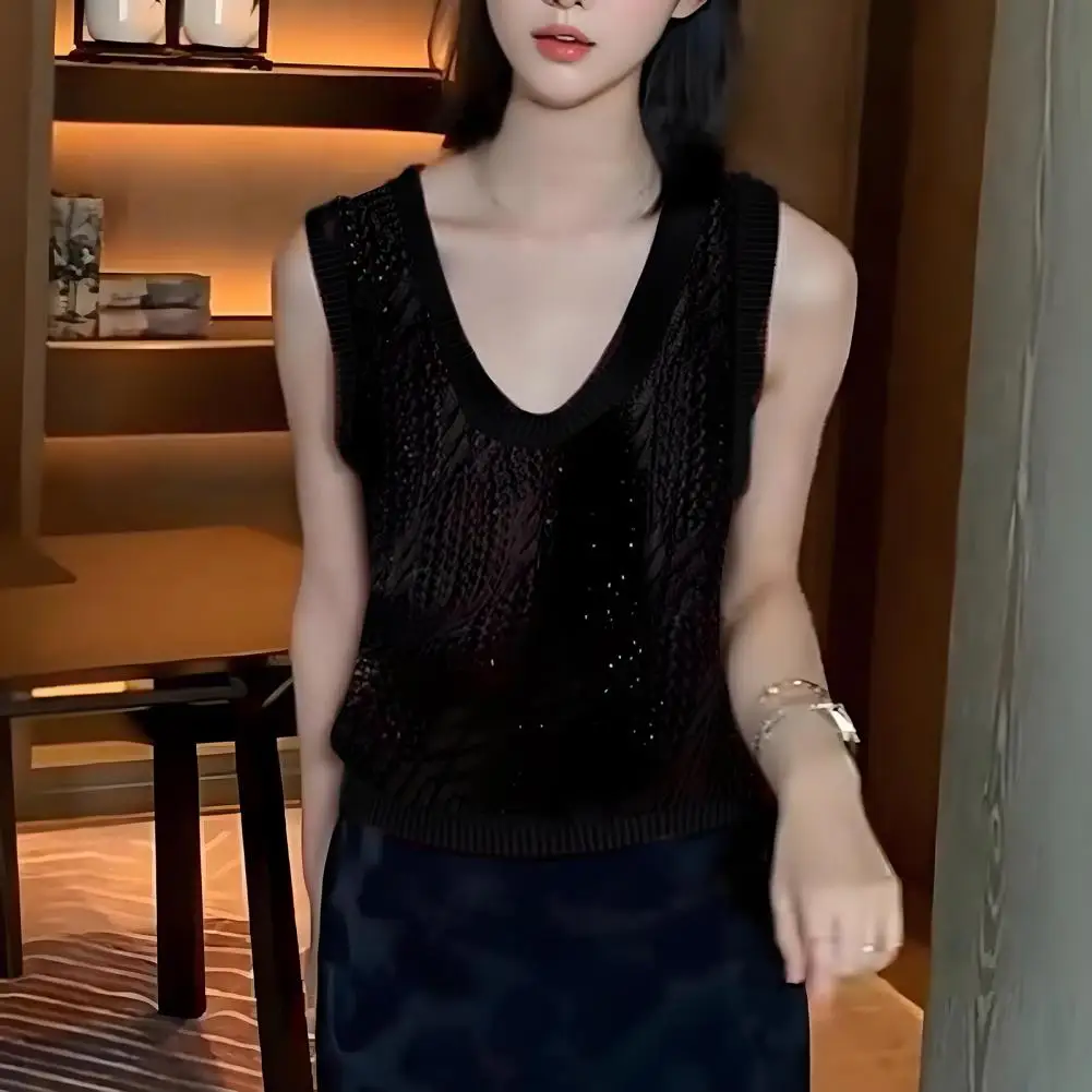 Spring And Fall Tank Top 2026 Knitted Tank Top for Women V Neck Sleeveless Hollow Out Crochet Camisole Top Summer Sweater Vests