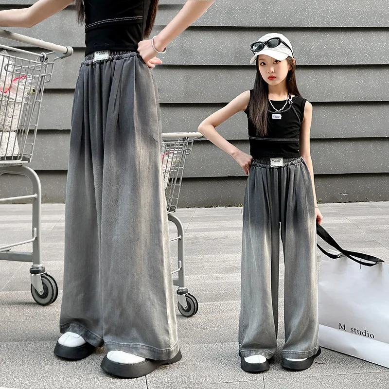 

Summer New Teens Kids Thin Loose Tencel Wide Jeans for Tween Girl Black Gradient Denim Pants Child Casual Lyocell Jeans Trousers