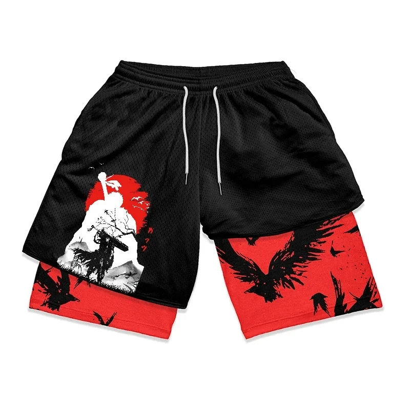 Fashionable Anime Printed Double Layer Shorts Breathable Two-in-one Men\'s Sports Shorts Jogging Fitness Casual Shorts S-5XL