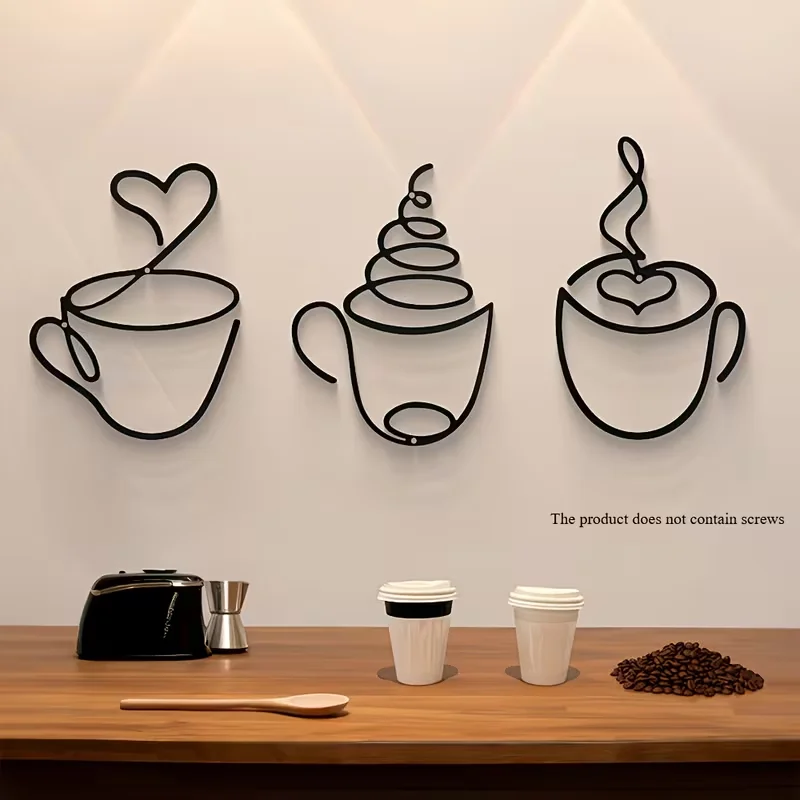 3pcs Coffee Wall Decor, Creative Iron Art, Cafe Wall Hanging, Coffee Shop Decor, Restaurant Home Wall Art, Metal Craft Hanging