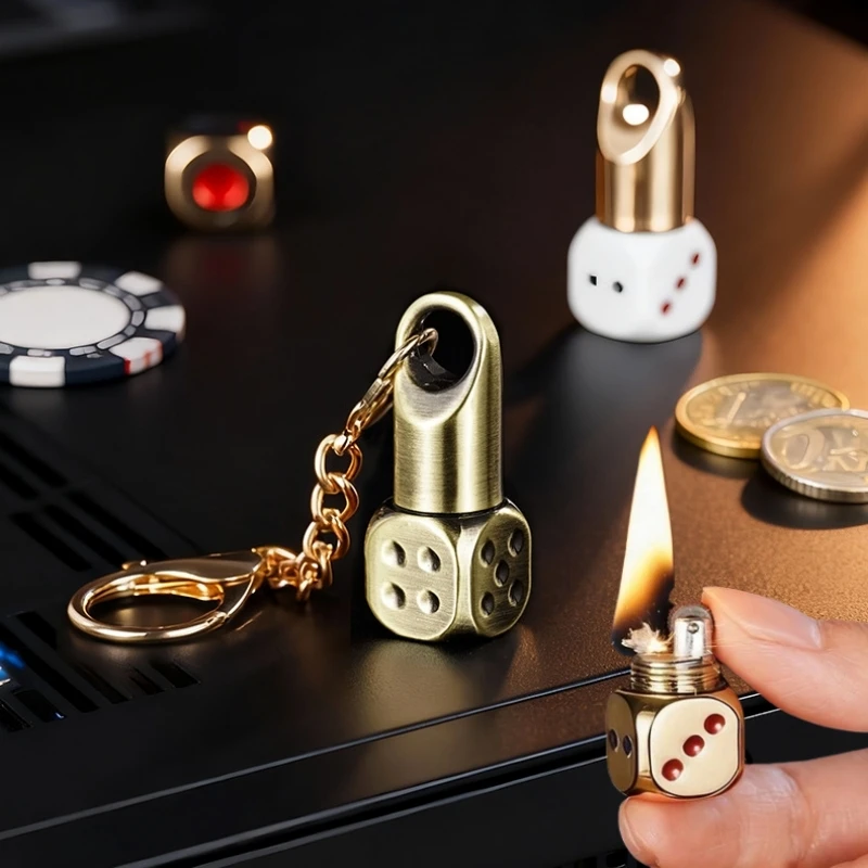 

Metal Grinding Wheel Mini Keychain Inflatable Lighter Retro Dice Personalized Portable Outdoor Lighter Men's Small Tool Gift