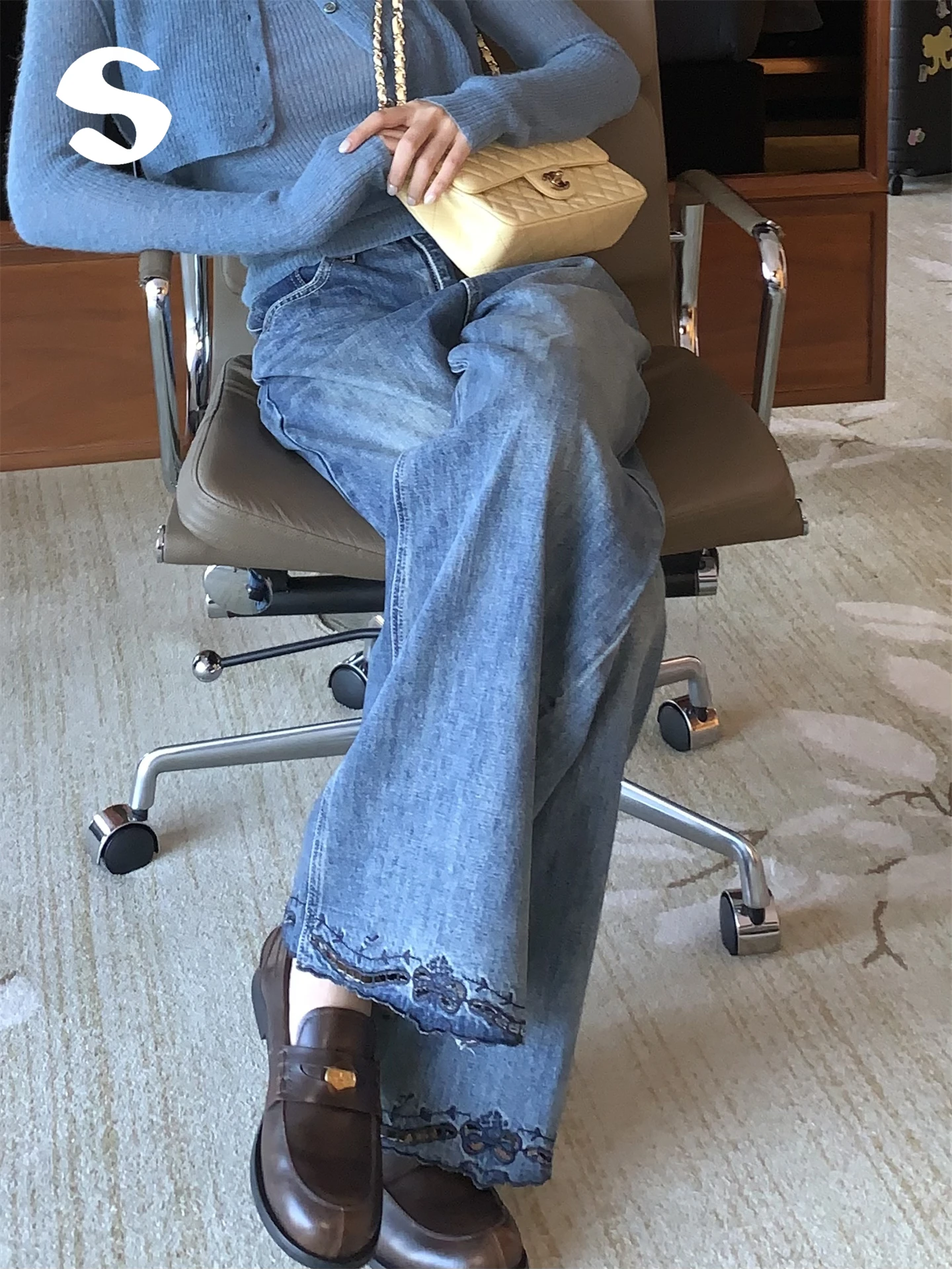 

Синие прямые джинсы длиной до пола, женские длинные брюки с вышивкой, повседневные удобные джинсы