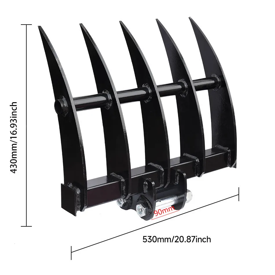 Mini Excavator Rake Attachment Small Digger Steel Loosening Rake For Lawn Agriculture Fallen Leaves Cleaning