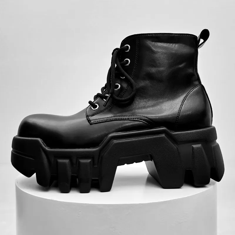 

Men Boots Motorcycle Platform Leather Luxury Trainers High Heels 8cm Sneakers Lace Up Zip Autumn Winter Black Shoes Comfortable