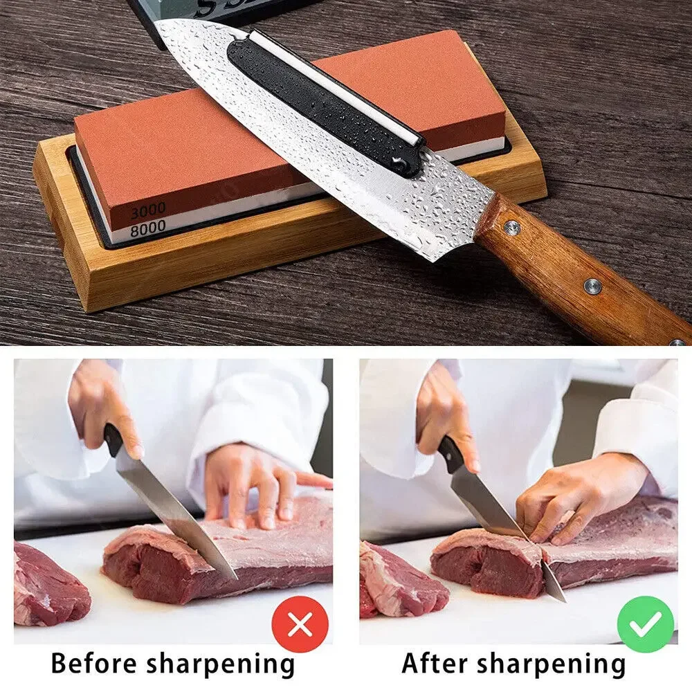 Professional Knife Sharpening Stone Kit 400/1000 3000/8000 Grit Non-slip Bamboo Base Double-side Knife Whetstone Angle guide