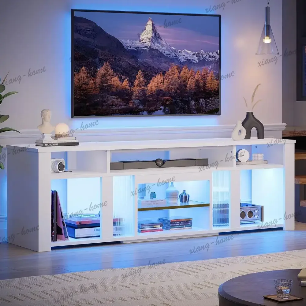 ls80 Inch TV Stand for 85 Inch TVs, Modern Open Entertainment Center with LED Lights amp Adjustable Shelves, Media Console for G