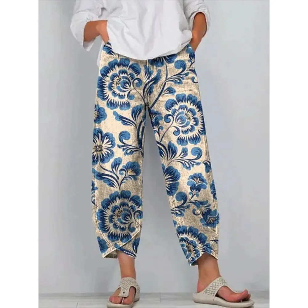 Damen Baumwoll-Caprihose mit Blumenmuster, Lässige Weite Haremshose in Knöchellänge mit Tulpenabschluss, Jogginghose für Tägliche Outdoor-Aktivitäten – Detail 5