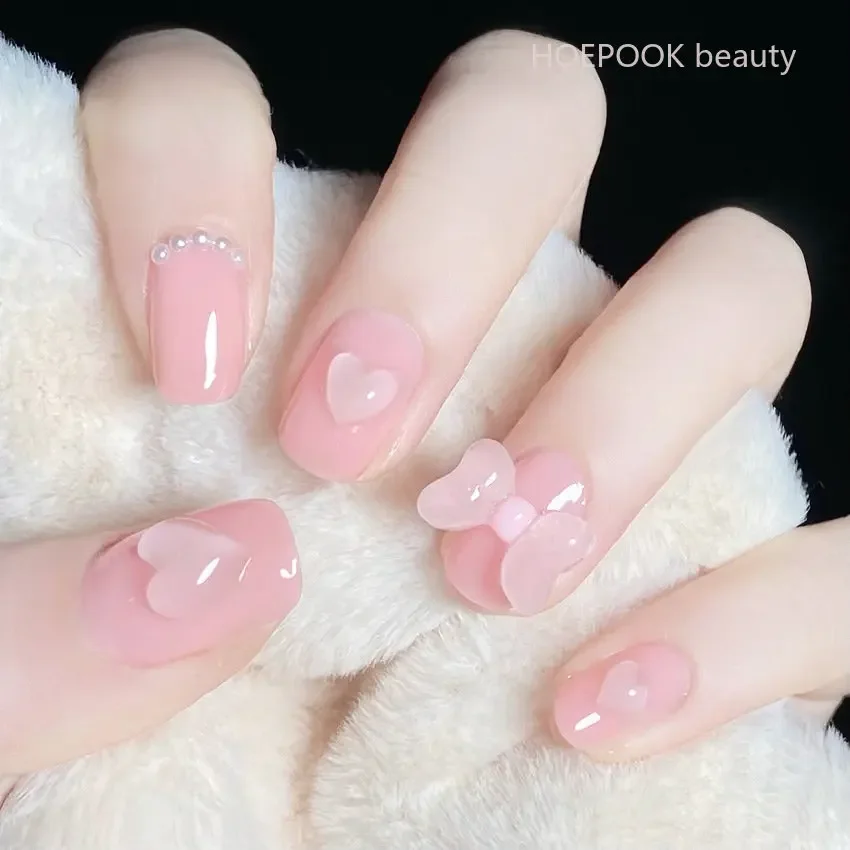 Uñas postizas con forma de corazón y lazo rosa, uñas postizas con pegamento terminado, reutilizables, cobertura completa extraíble, juego de 24